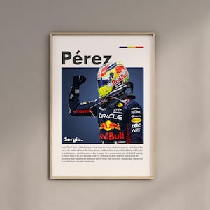 Könnte beinhalten: Ein Poster mit einem Formel-1-Fahrer, der einen blau-roten Rennanzug und einen Helm trägt. Der Fahrer hebt die Faust in die Luft. Das Poster trägt den Text "Pérez" und "Sergio." in großen, fetten Buchstaben.