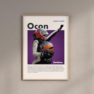 Puede incluir: Un póster morado y blanco con una foto de Esteban Ocon, un piloto de Fórmula 1, que lleva un traje de carreras blanco y azul y un casco. El póster tiene el texto "Ocon Esteban."