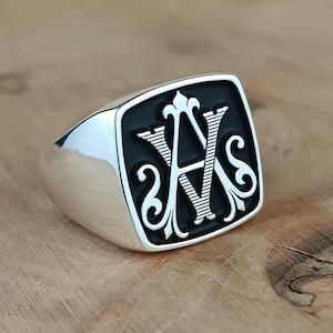 Anillo con monograma de plata / Anillo con letra A personalizado / Anillo vintage para hombre / Anillo con inicial gótica / Joyería con sello personalizado