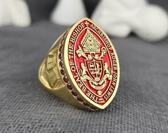 Bischof Ring | Gold Emaille Siegelring | Geistliche Siegel Ring für Männer | Erzbischof Wappen Schmuck | Religiöser Siegelring