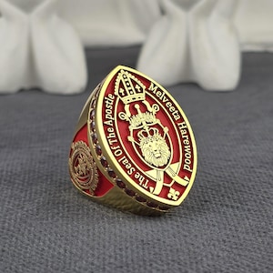 Gold Bishop Ring / Apostolic Seal Ring / Red Enamel Episcopal Ring / Custom Clergy Jewelry / Christian Church Signet Ring for Men