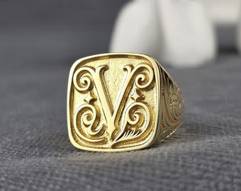 Square Gold Initial Ring / JJ Monogram Signet Ring / Custom Letter
