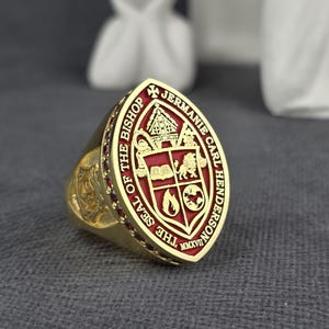 Gold Bishop Ring / Episcopal Seal Ring / Custom Church Crest Jewelry / Red Ruby Bishop Ring / Religious Gold Ring for Men / Gift for Pastor