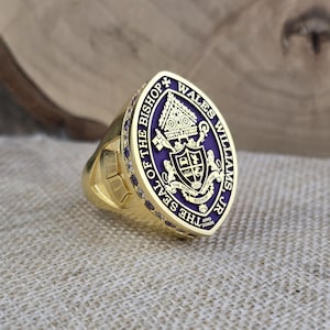 Episcopal Bishop Ring with Crest and Gemstones / Religious Jewelry for Men / Purple Gold Plated Church Ring / Clergy Statement Ring