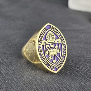 Bishop Ring in Gold / Episcopal Ring with Purple Enamel / Christian Clergy Seal Ring / Custom Religious Church Ring for Bishops