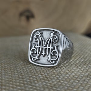 Anillo con monograma personalizado / Sello inicial personalizado / Anillo de plata grabado / Joyería con letras vintage / Anillo personalizado elegante
