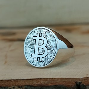 May include: A silver ring with a circular design featuring a raised Bitcoin symbol on a textured background.