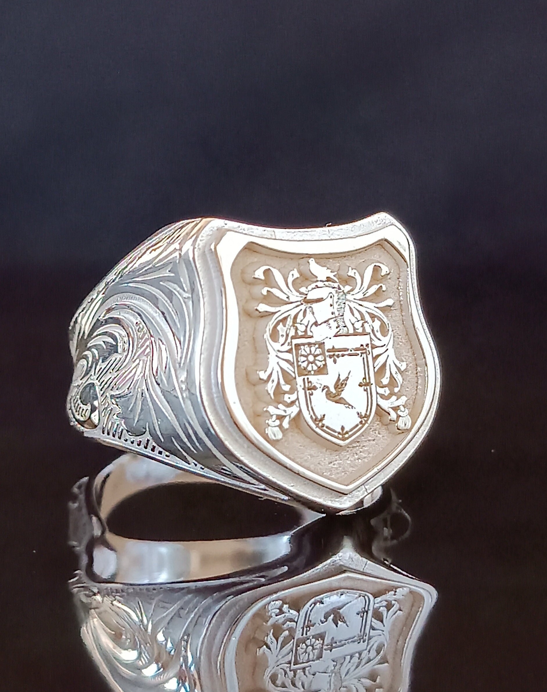 Shield Set Rings Custom Shield Ring With Engraved Crest, Silver Statement Accessory ...