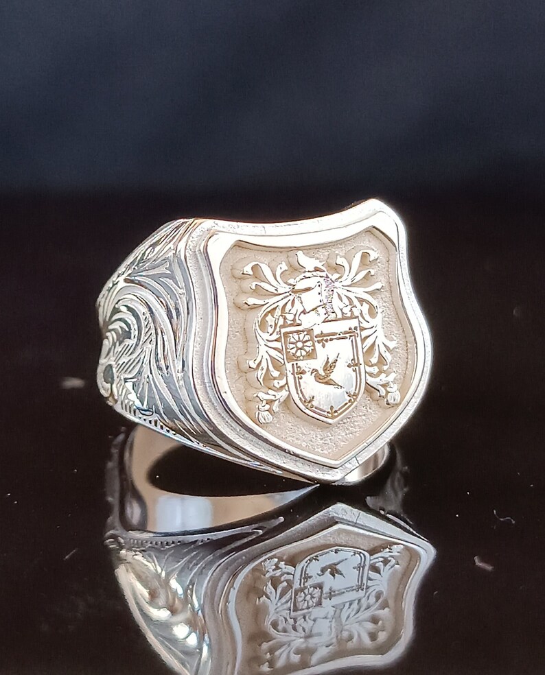 Sheild Rings Custom Shield Ring With Engraved Crest, Silver Statement Accessory ...