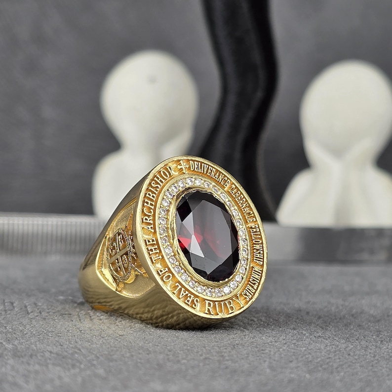 Religious Ruby Bishop Ring Gold Ruby Signet Ring Arch Bishop Religious Ring Christian ...