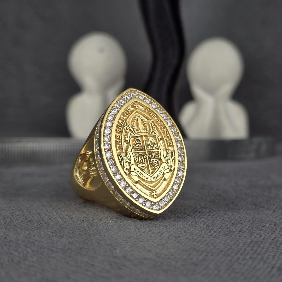Hand Engraved Bishop Ring Gold Signet Ring Deep Carved Religious Crest ...