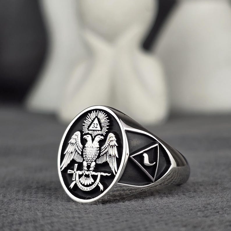 Triangel Rites 32nd Degree Masonic Ring, Double Headed Eagle Freemason Jewelry, Silver ...