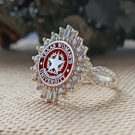 Custom University Ring With Red Enamel Star Symbol and Crystal