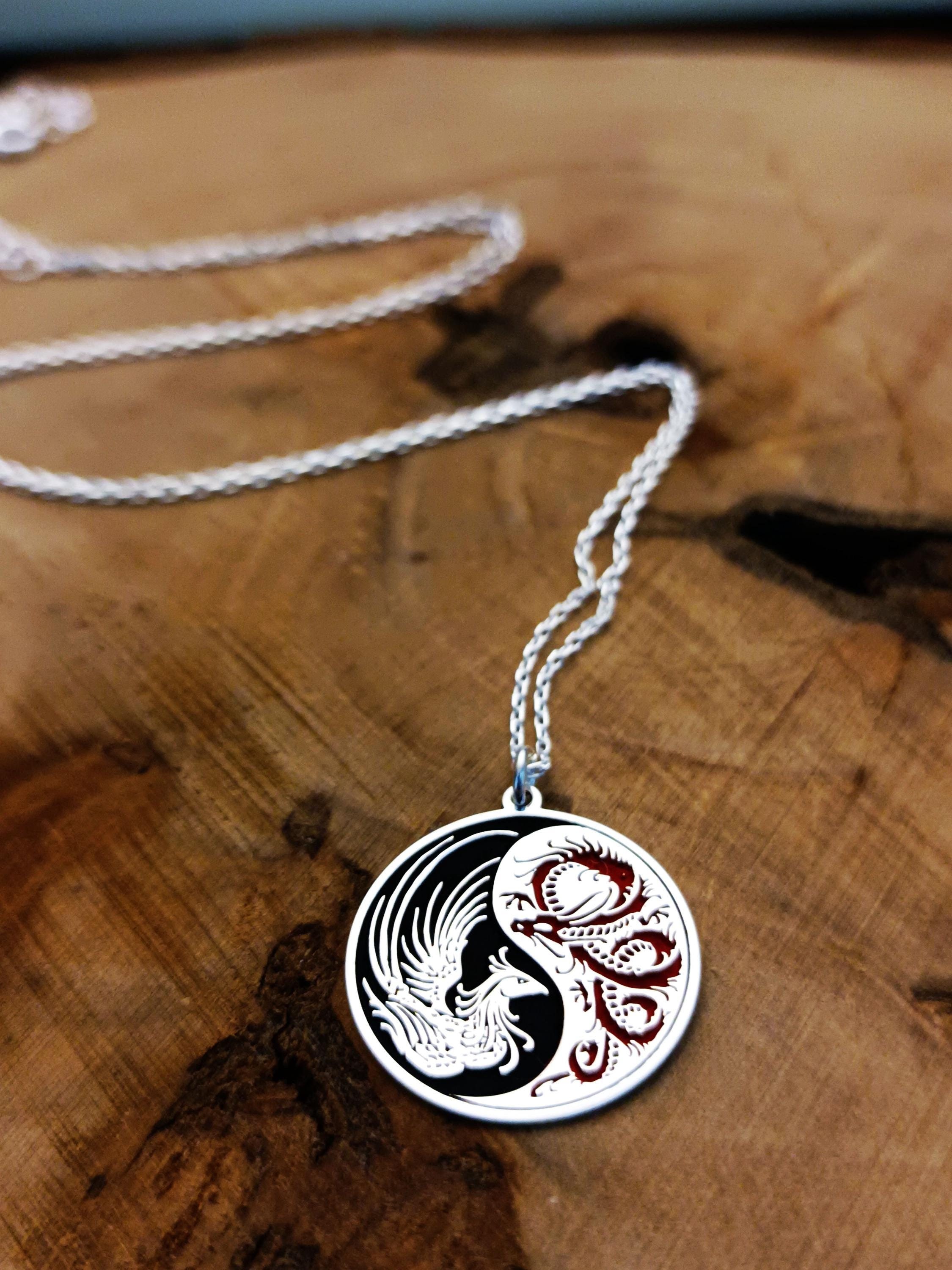 Yin Yang Phoenix and Dragon Necklace – Symbol of Balance, Strength, and Harmony, Silver Mythical Pendant"