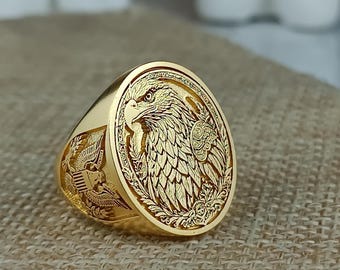 Gold Eagle Ring / Military Style Signet Ring / Bald Eagle Jewelry for Men / Engraved Oval Shield Ring / Patriotic Custom Ring