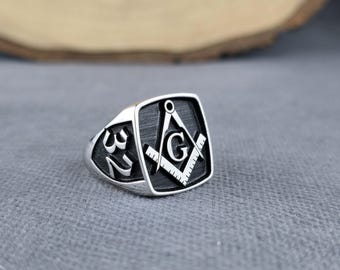 Masonic Square Compass Ring With G Symbol / Silver Signet Style / Freemason Emblem / Handmade Design