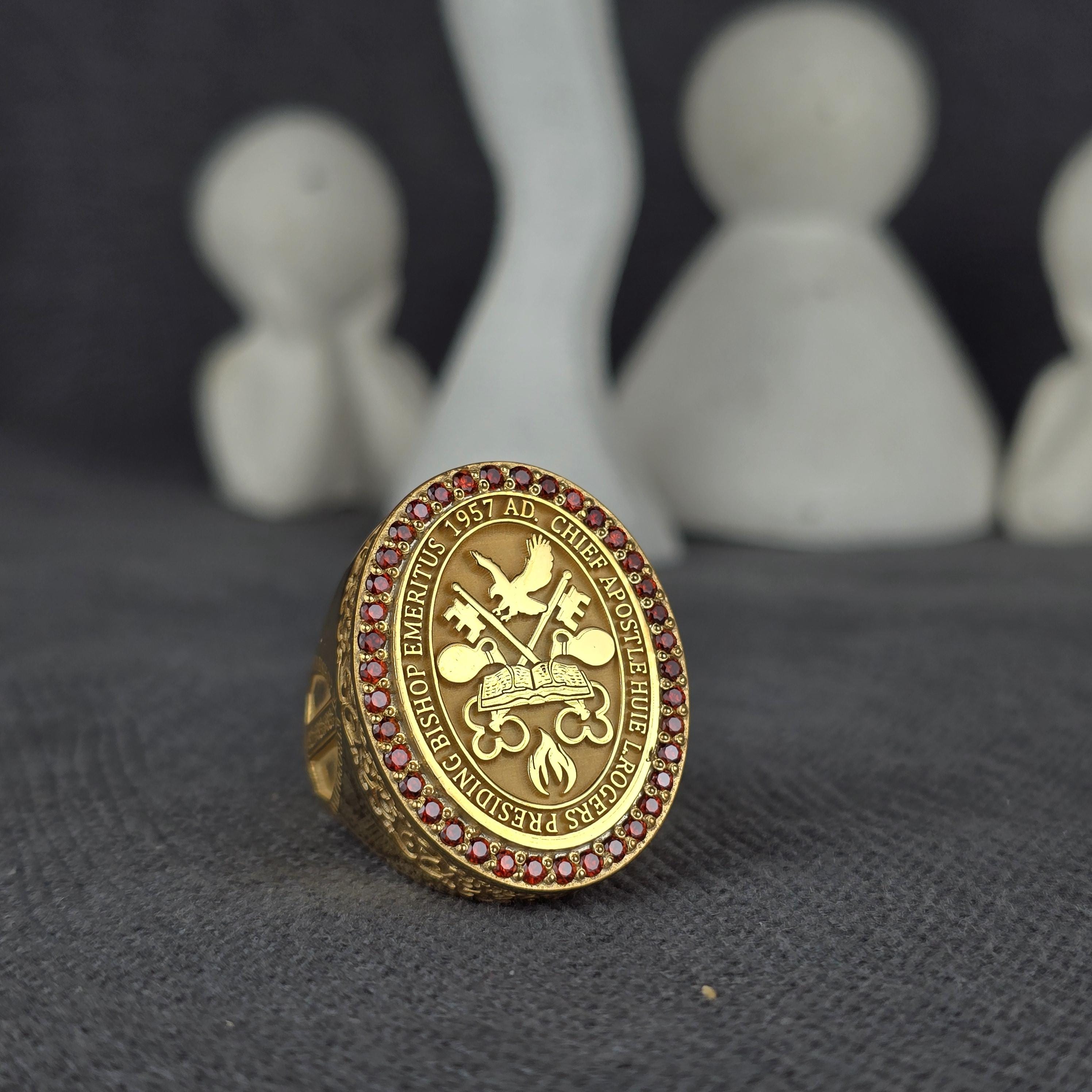 Bishop Ring With Red Stones, Christian Clergy Signet Ring, Gold Tone ...