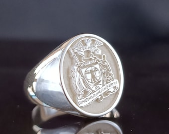 Custom Sterling Silver Oval Crest Ring With Coat Of Arms Design And Shield Engraving