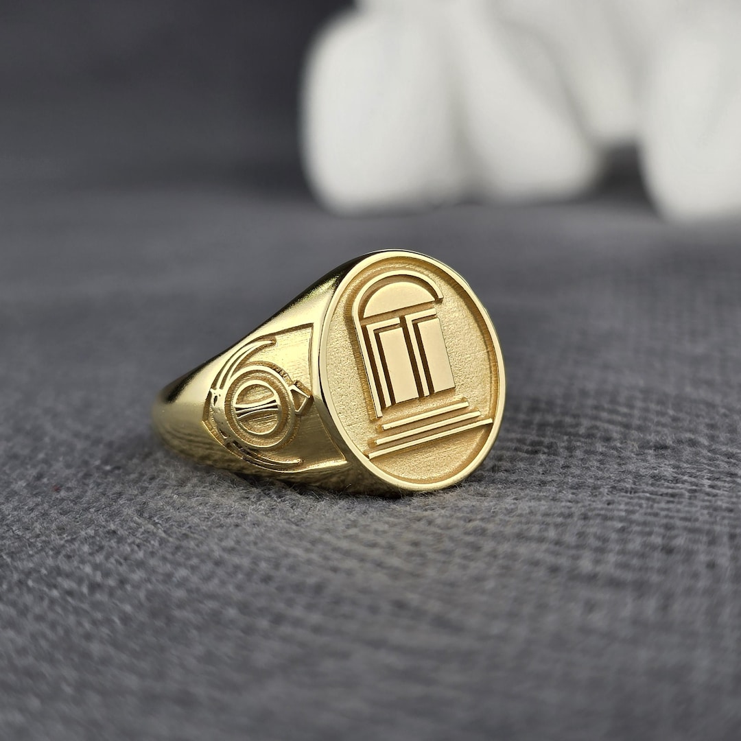 Custom Gold Signet Ring With Architectural Logo, Elegant Emblem Design ...