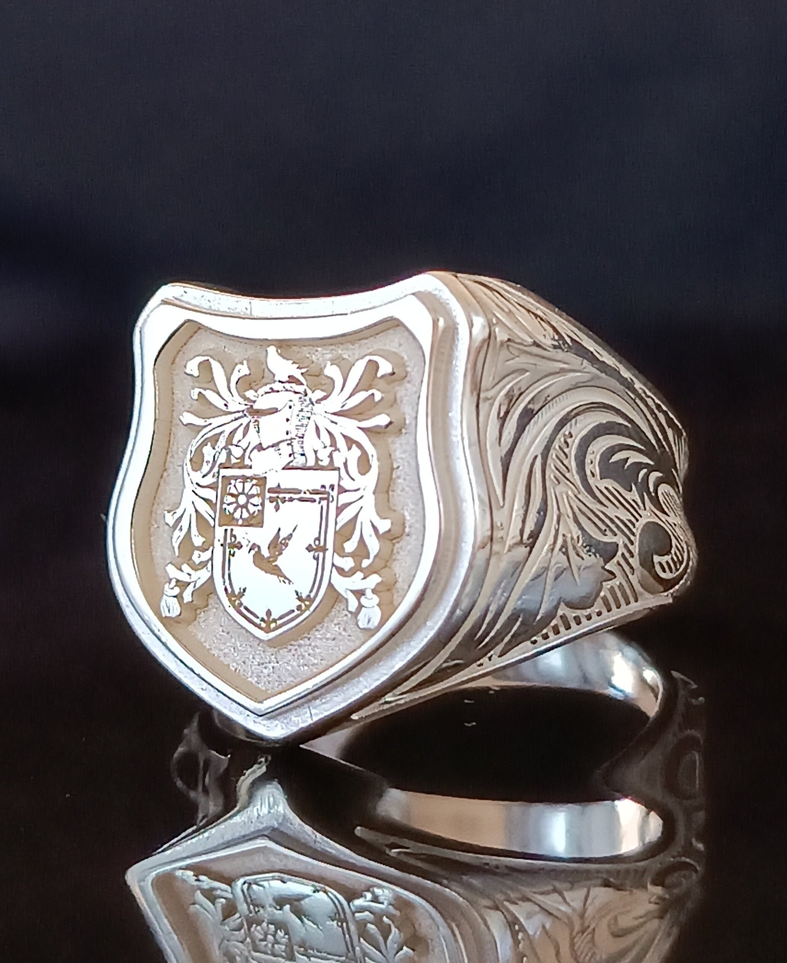 Shield Set Rings Custom Shield Ring With Engraved Crest, Silver Statement Accessory ...
