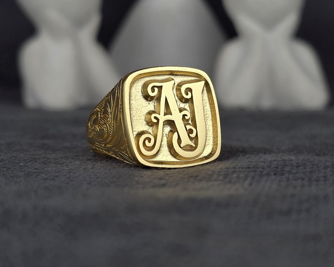 Monogramed Signet Rings Men Personalized Gold Monogram Ring for Men, Custom Initial Signet Ring ...