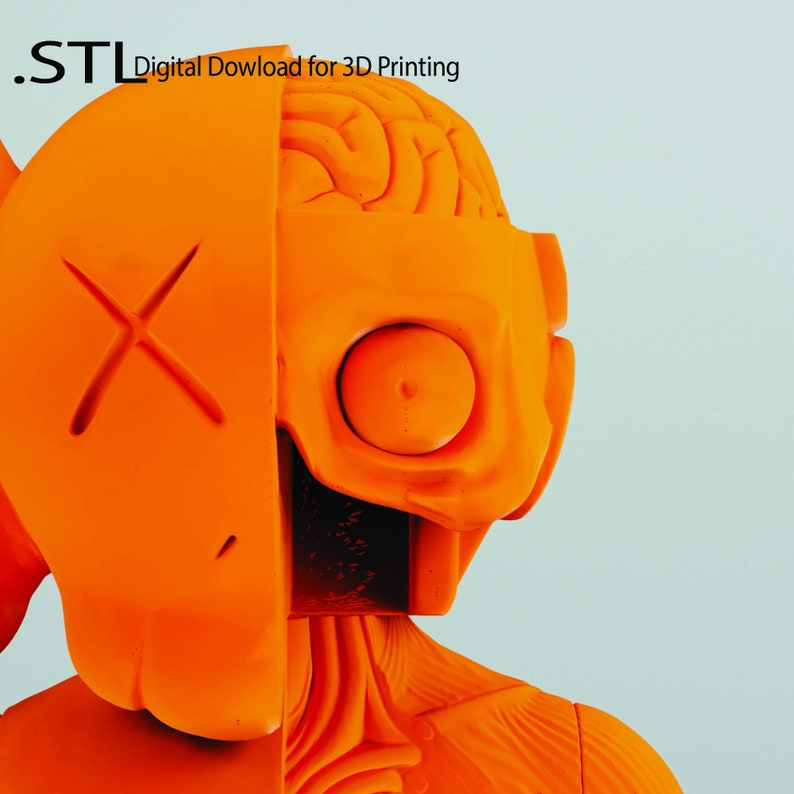 May include: Orange 3D printed sculpture of a human head with a visible brain. The head is split in half, revealing the brain inside. The sculpture is labeled with the text ".STL Digital Dowload for 3D Printing".