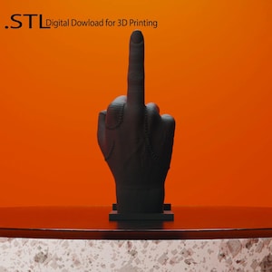 May include: A 3D printed model of a hand giving the middle finger. The hand is black and has stitches on the back. The hand is on a small black base. The text .STL Digital Dowload for 3D Printing is at the top of the image.