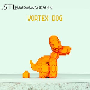 Peut inclure: Un modèle d'impression 3D orange d'un chien, stylisé dans un design pixelisé. Le chien est assis sur une surface blanche avec un petit objet orange devant lui. Le texte '.STL Digital Download for 3D Printing VORTEX DOG' est affiché au-dessus du chien.