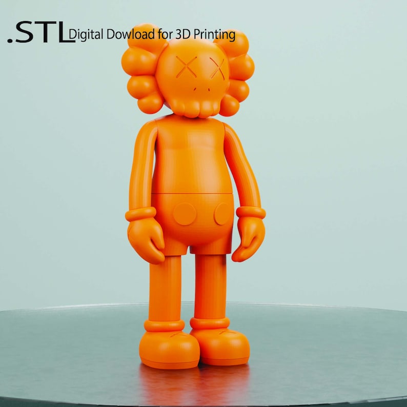 May include: Orange 3D printed figurine of a cartoon character with a large head and X-shaped eyes. The figurine is standing on a table. .STL Digital Download for 3D Printing