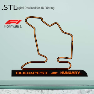 May include: A digital download of a 3D printable model of the Hungaroring Formula 1 race track. The track is orange on a light blue background. The text .STL Digital Download for 3D Printing, Formula 1, Budapest, and Hungary are visible.