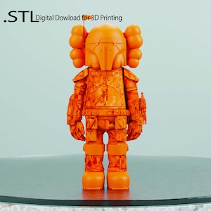 May include: An orange 3D-printed figure of a character in a Mandalorian-style helmet and armor. The figure has a unique design with rounded features and the text ".STL Digital Download for 3D Printing".