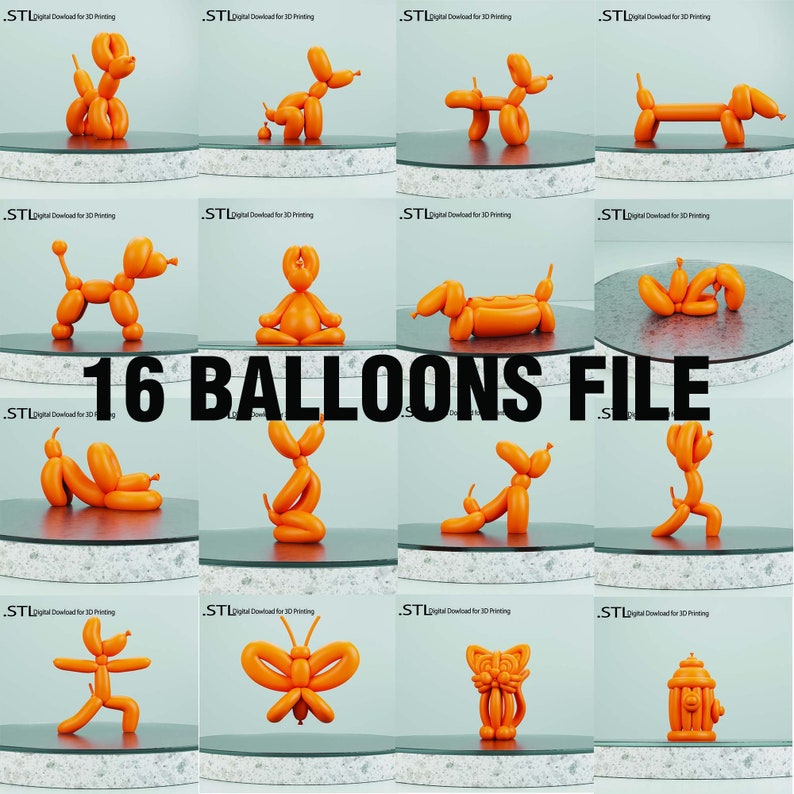 May include: A digital file containing 16 different balloon animal designs. The designs include a dog, a butterfly, a cat, a fire hydrant, and more. The file is for 3D printing.