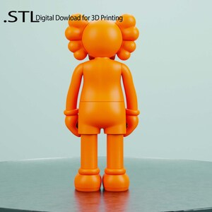 May include: Orange 3D printed figurine of a cartoon character with a large head and small body. The character is standing with its back to the camera. The figurine is on a gray surface. .STL Digital Download for 3D Printing