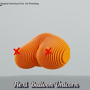 Puede incluir: Objeto naranja impreso en 3D con forma de unicornio de globo. El objeto está hecho de muchas capas y tiene una superficie texturizada. El texto "Flexi Balloon Unicorn" está impreso debajo del objeto.