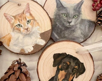 Custom Pet Portrait Ornament | Hand-painted cat or dog on wood slice | Christmas pet painting