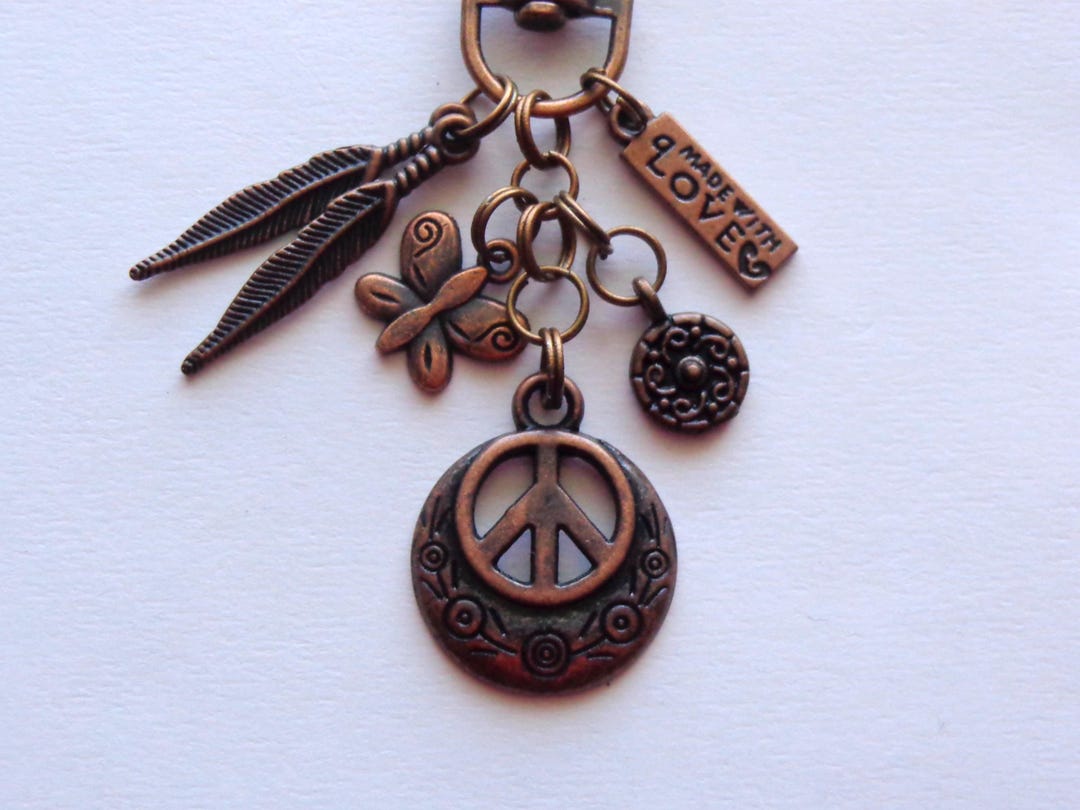 Peace Sign Key Ring Copper Peace Sign Key Chain, Feathers, Bag, Purse Charm. - Etsy
