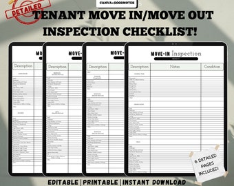 Detailed Tenant Move in Move out Checklist for thorough Inspection, printable moving checklist, Landlord walkthrough checklist,Canva