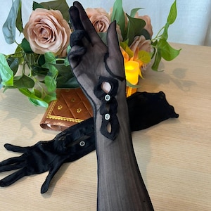Elegant Vintage Long Gloves Black Stocking - Like Material | Wedding French Antique Gloves | Victorian Chic Opera / Costume Gloves