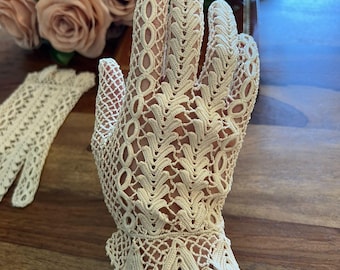 Luvas de renda vintage, luvas de crochê irlandesas, luvas florais, feitas à mão na França, décadas de 1940 e 1950.