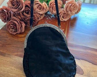 Antique 800 Silver Black Silk Purse, Victorian Edwardian Evening Bag, Ornate Silver Frame, 1890s 1900s