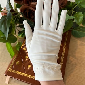 Elegant New Vintage Long Gloves Ivory White Nylon like Satin 1950s | Wedding French Antique Gloves | Chic Fashion | Opera / Costume Gloves