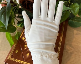 Elegant New Vintage Long Gloves Ivory White Nylon like Satin 1950s | Wedding French Antique Gloves | Chic Fashion | Opera / Costume Gloves