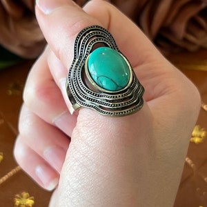 Vintage turkos statementring: Stor grön stencocktailring, storlek 9.25
