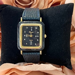 Elegant Vintage Watch Blue Rhinestones with Genuine Leather Band | Domi Watch