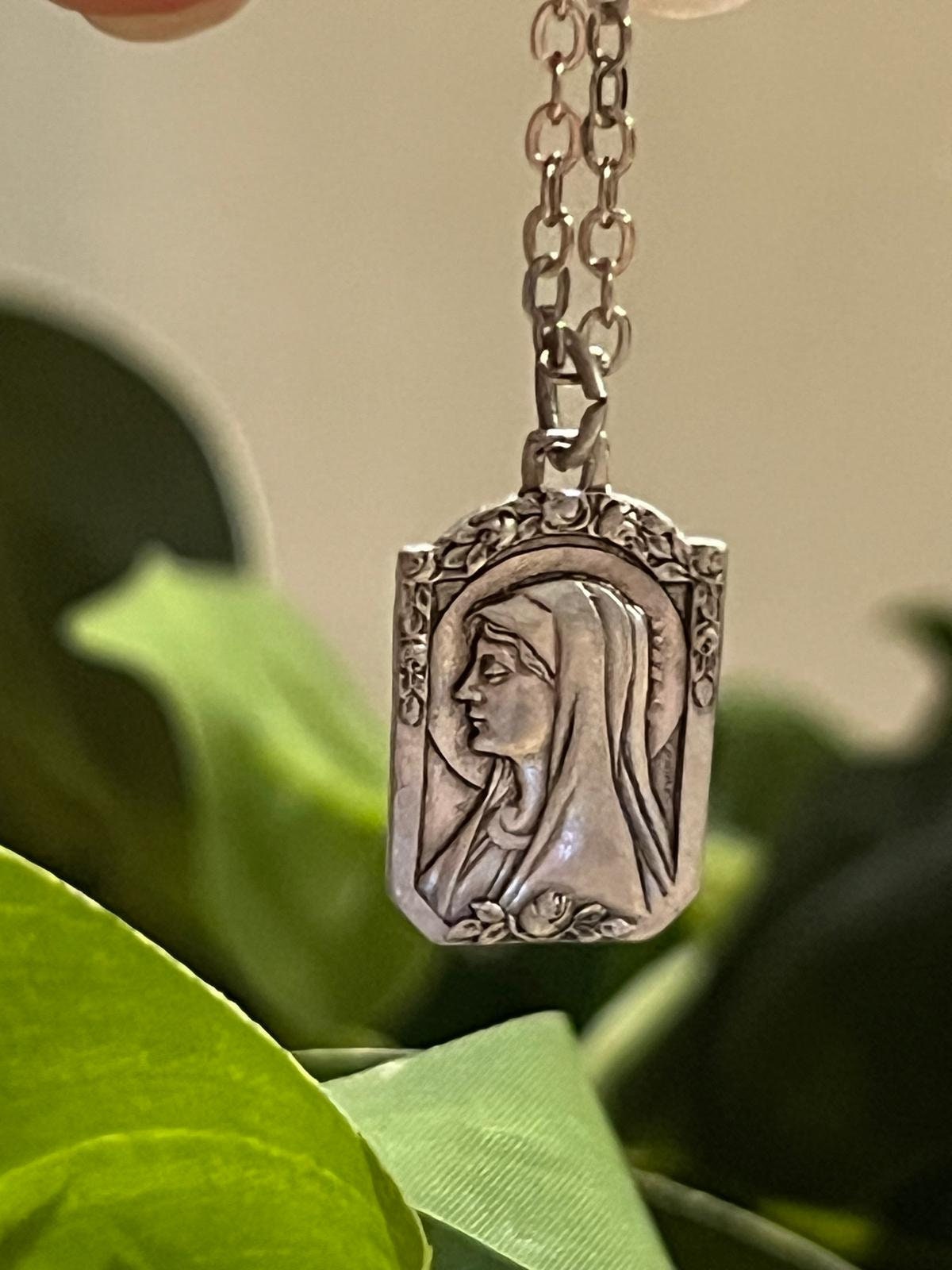 Antique Holy Virgin Mary Religious Medal Pendant Charm | Art Deco | Rose Bourder, Vintage medallion