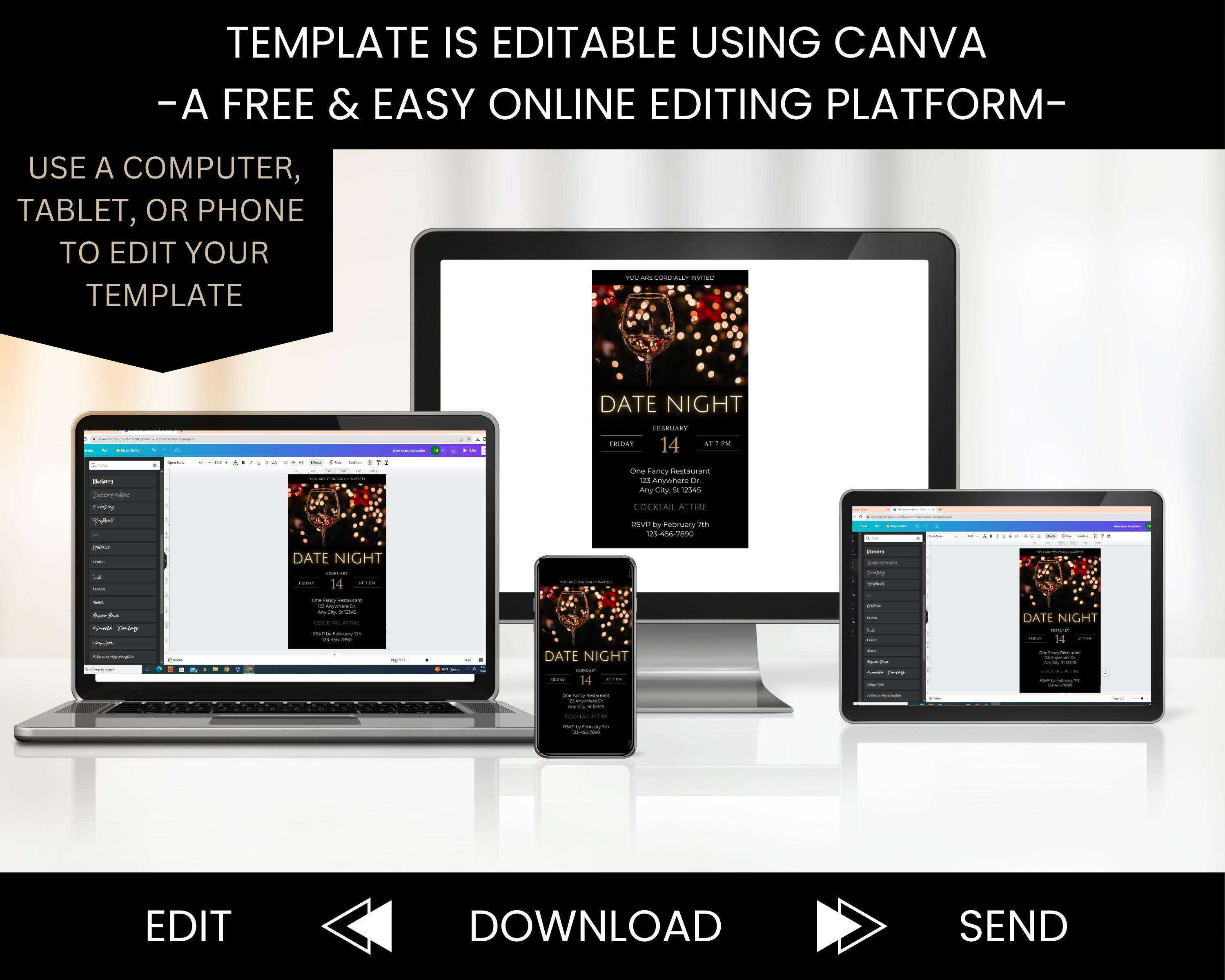Animated Date Night Invitation: Black and Gold, Editable Canva Template ...