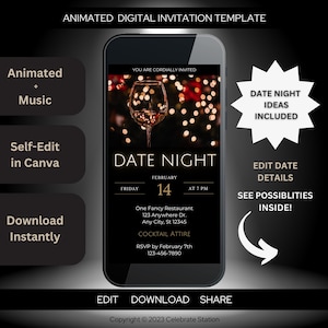 Invito animato per serata romantica: modello Canva modificabile nero e oro (digitale)