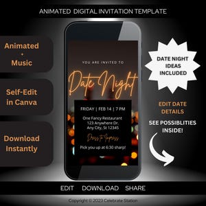 Invito per serata romantica, Amber Gold, digitale e animato + musica, modello Canva modificabile