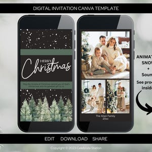 Cartão de Natal com foto animada de noite de neve, animado + modelo digital editável Canva