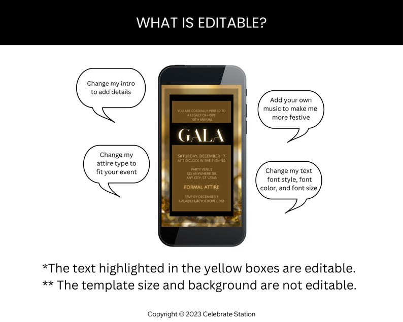 Modello elegante per invito a gala: oro e nero, design animato Canva (download digitale) immagine 5